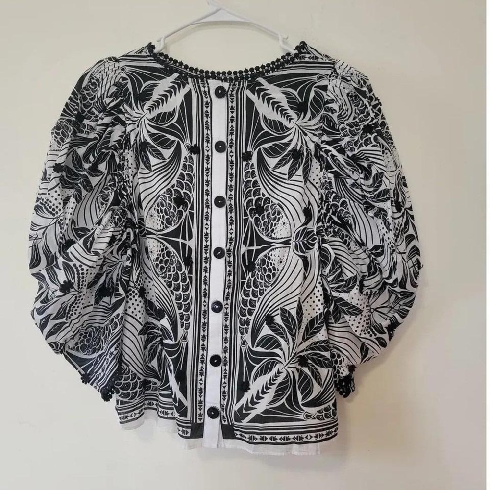 Farm Rio Black White Graphic Toucans Puff Sleeve Button Back Blouse Medium - Picture 4 of 5